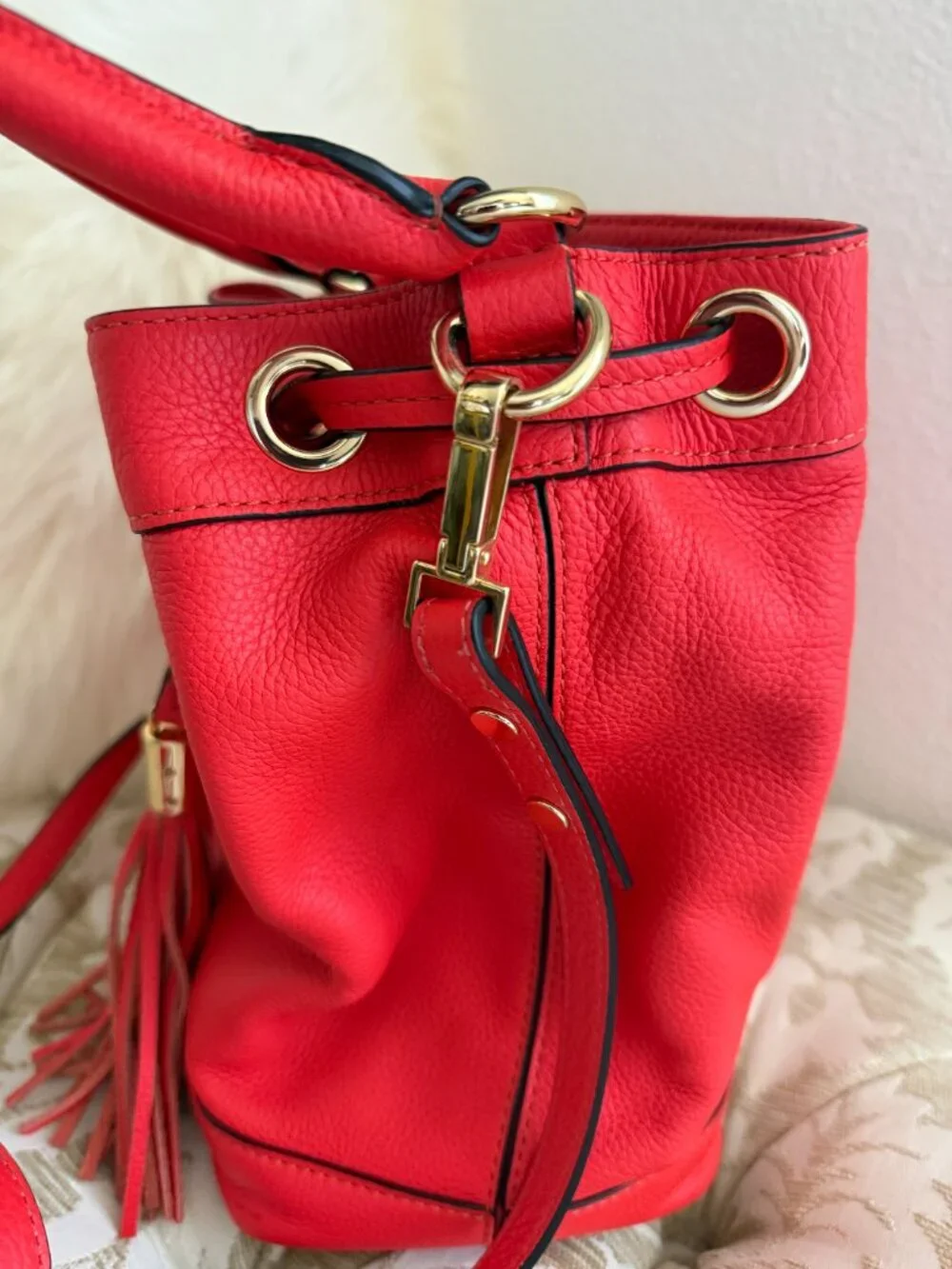 Milly Astor Vermilion Red Leather Drawstring Bucket Bag Tassel Crossbody